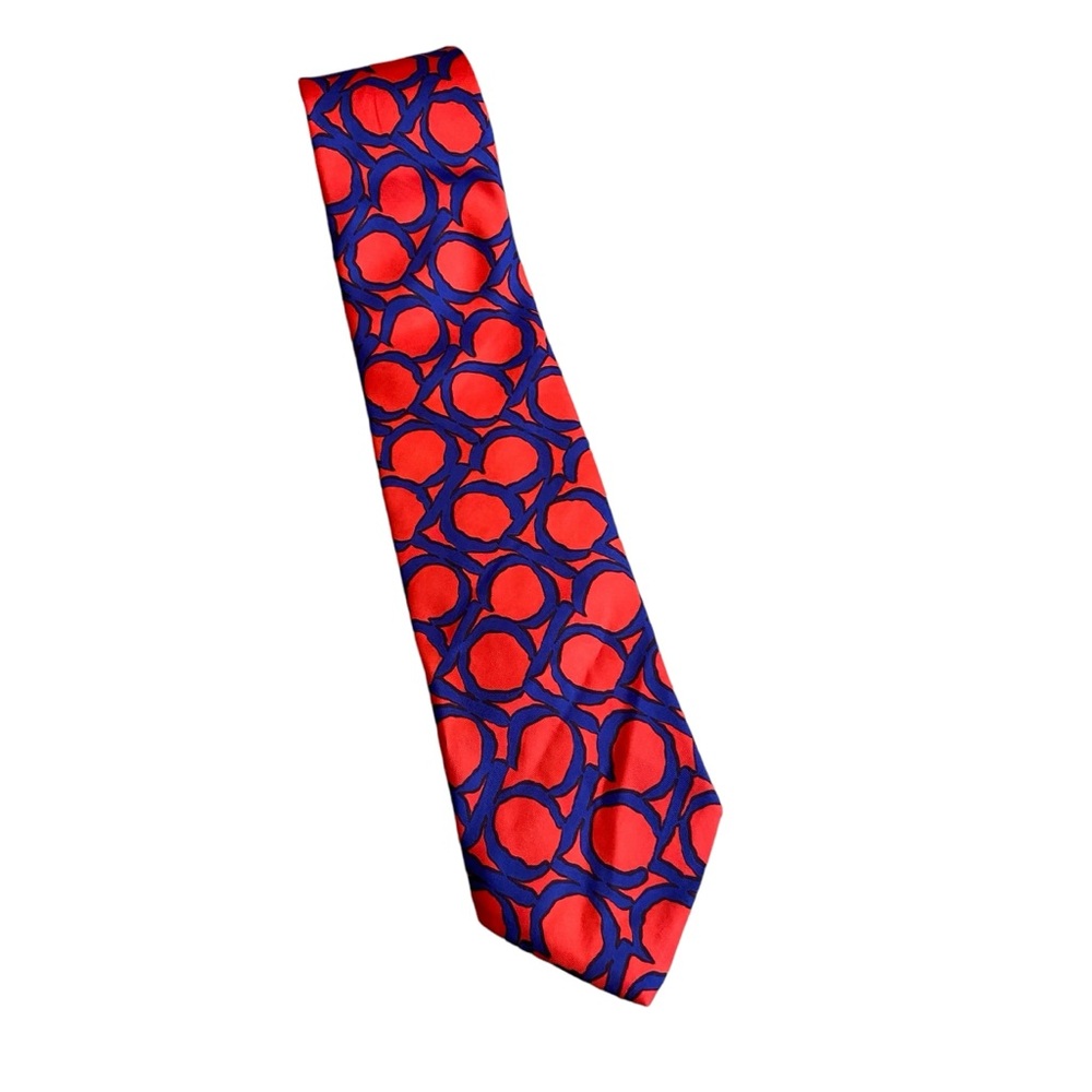 Lanvin Men’s 100% Silk Neck Tie Red & Blue Abstract‎ Circles  Pattern Maximalist